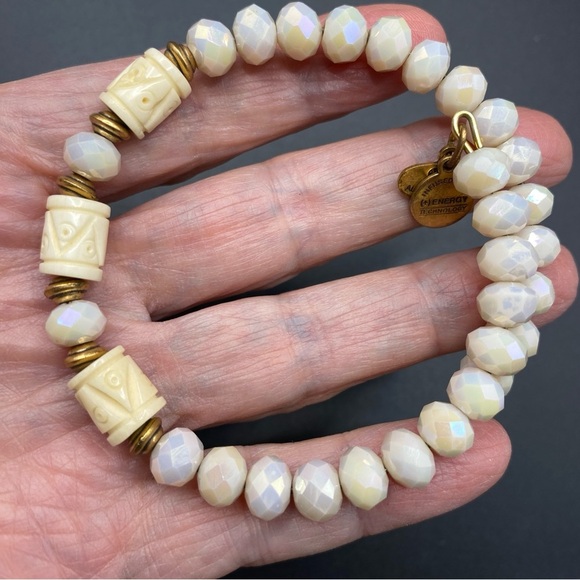 ALEX & ANI Bracelet Gold Tone Vintage Sixty-Six Faceted Cream Beads Faux Ivory - Picture 2 of 6